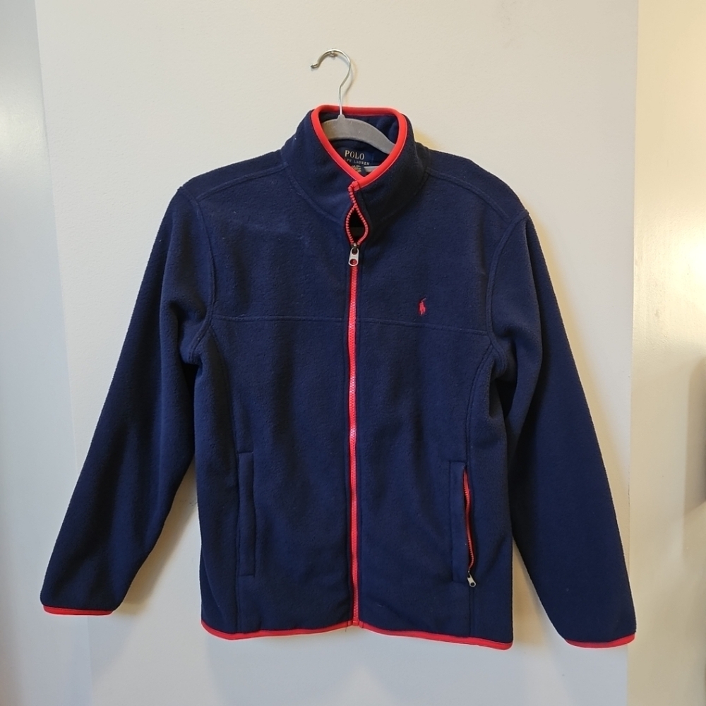 Polo Ralph Lauren Jacket Boys Size Large Blue Red Trim Fleece Full Zip Y2K